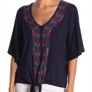 Democracy Navy Embroidered Colorful Tie Front Boho Top Size Small